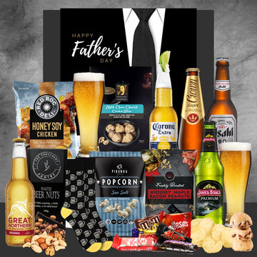 Father's Day gift pack with beer, chips, popcorn, whiskey maple bacon peanuts, cookie bites, and assorted chocolates
