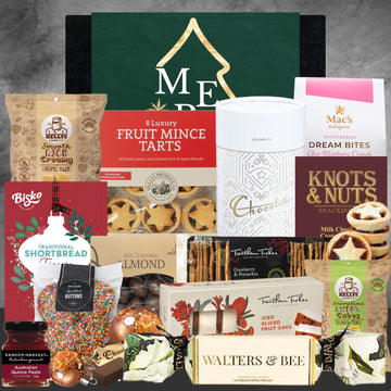 Assorted food products including tarts, shortbread, and other confectioneries on a dark background.