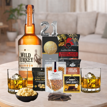 21st Birthday Bourbon Gift Hamper with premium bourbon and savoury treats