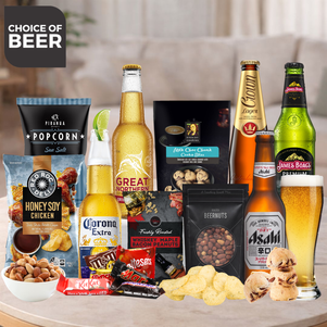 Assorted beer bottles and snacks on a table with 'Choice of Beer' text.