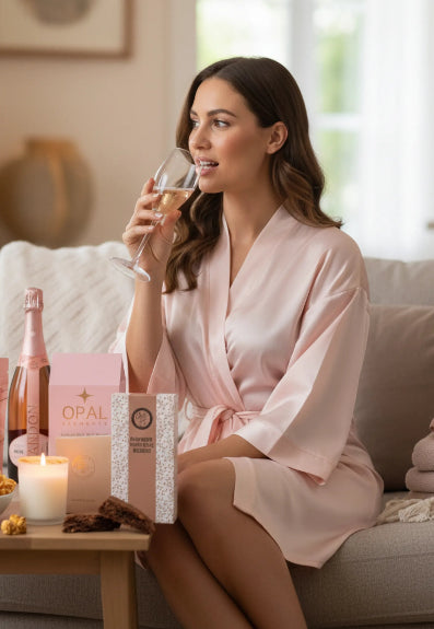 Woman in a pink robe holding a glass of wine, sitting on a couch with Opal Wine products around her.
