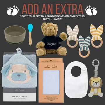 Collection of baby products including a bowl, teddy bear, bib, towel, and toys on a dark background with text 'Add an Extra'.