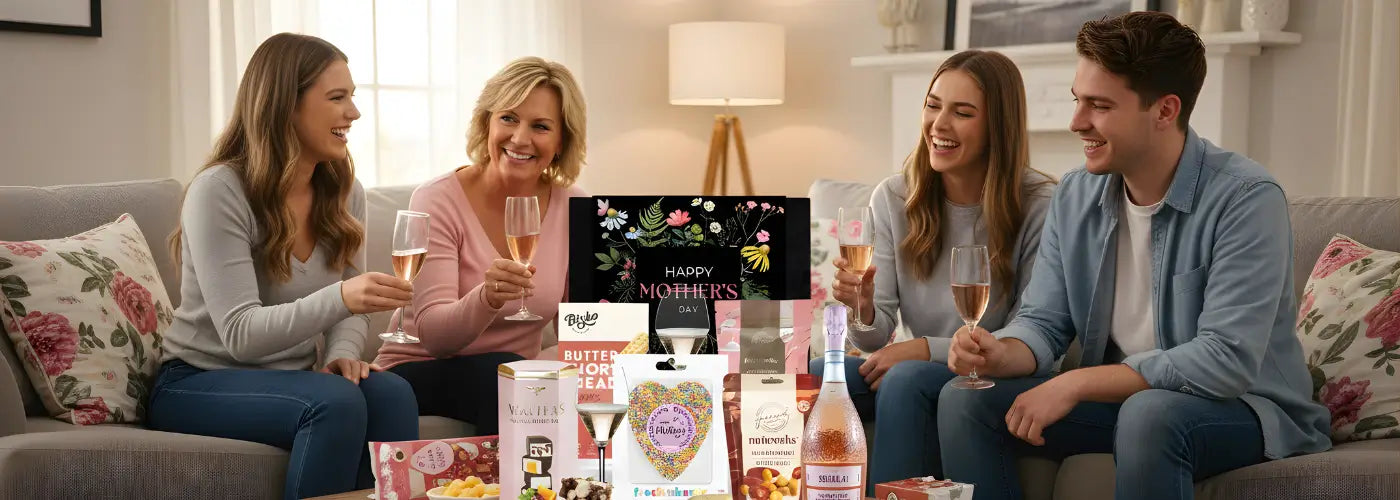 Four friends sitting on a couch with a gift box featuring a 'Happy Birthday' card and various items.