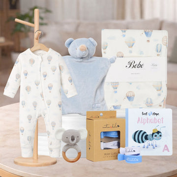 Bed Time Baby Boy Hamper with organic babywear and newborn essentials