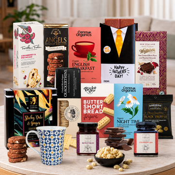 Dad's Tea & Relaxation Gift Hamper by Tastebuds featuring organic teas, gourmet treats, patterned mug, biscuits and Father's Day chocolates.