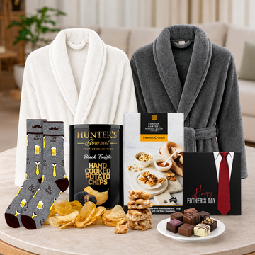 Father's Day Pamper Gift Hamper by Tastebuds featuring a luxury bathrobe, gourmet snacks and a free personalised greeting card.