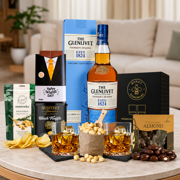 Father's Day Premium Whisky Hamper with premium Scotch, whisky glasses, slate coasters, gourmet treats and Father's Day chocolates.