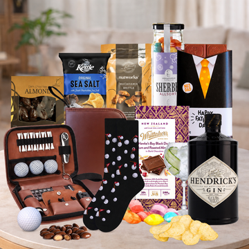 Golf Gift Hamper for Dad by Tastebuds featuring Hendrick's Gin, golf gift set, gourmet snacks and free personalised greeting card.