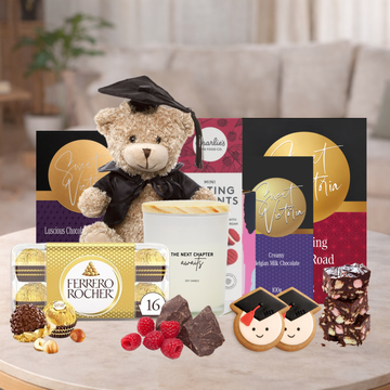 Graduation Forward Hamper with graduation teddy, personalised candle, chocolates, cookies and rocky road