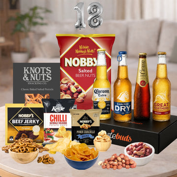 Happy 18th Birthday Lager Beer Hamper with four popular lagers and savoury snacks