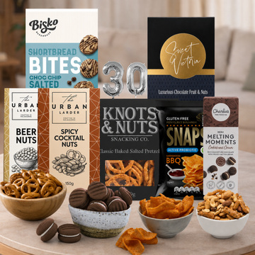 Happy 30th Birthday Snacking Combo Hamper with sweet and savoury gourmet snacks
