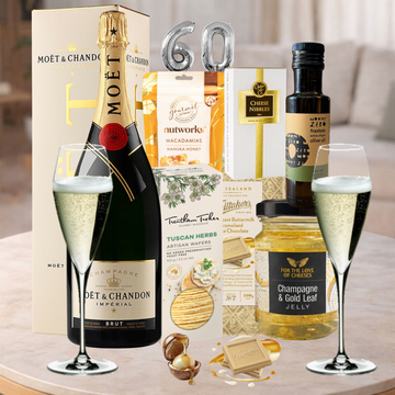 Happy 60th Moet Champagne and Nibbles Hamper with gourmet treats