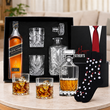 Johnnie Walker Whisky Decanter Hamper by Tastebuds featuring Black Label Scotch, glass decanter set and free personalised greeting card.