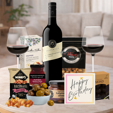 Pepperjack Wine Birthday Hamper with Cabernet Sauvignon and gourmet treats