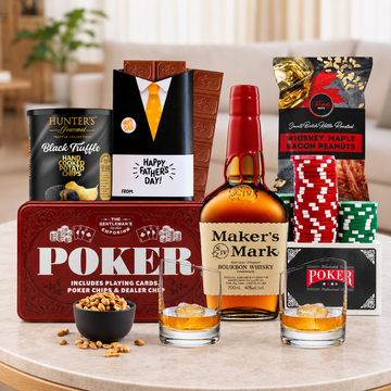 Poker Night Bourbon Gift Hamper for Dad by Tastebuds featuring Maker's Mark Bourbon, poker set, gourmet snacks and Father's Day chocolates.