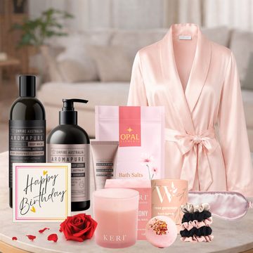 Rejuvenating Pamper Birthday Hamper with satin bathrobe and self-care gifts