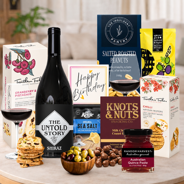 Shiraz Wine Birthday Hamper for Him with The Untold Story Shiraz and gourmet treats