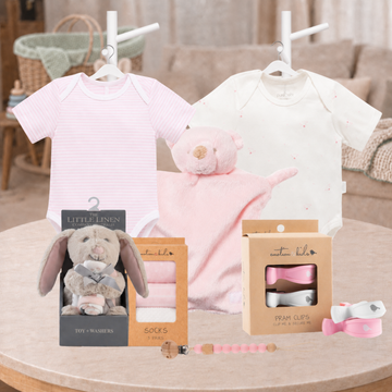 Welcome Baby Boy Hamper with blue bodysuits, socks, teddy comforter and cuddly baby gifts