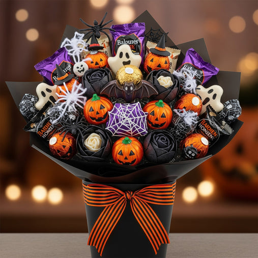 Halloween chocolate bouquet with pumpkin, ghost, spider, bat chocolates and candies in black wrapping