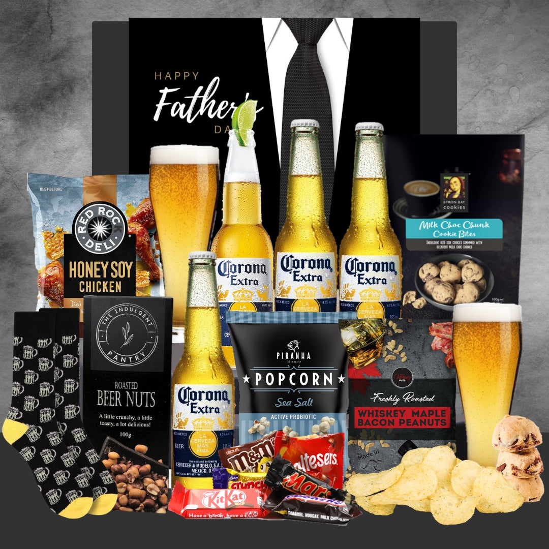 Father's Day gift set with Corona beers, craft snacks, popcorn, chocolates, nuts, chips, honey soy chicken, cookies, and beer-themed socks