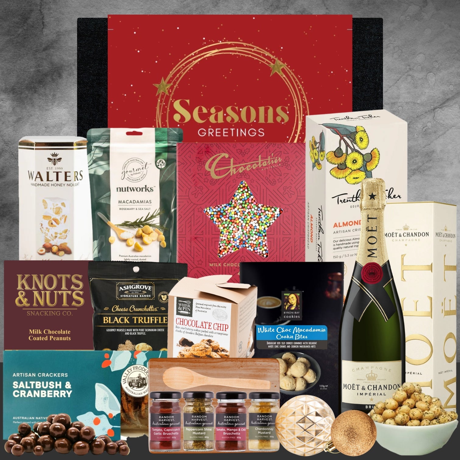 Luxury holiday gift hamper with chocolates, crackers, macadamias, truffle snacks, gourmet dips and Moët & Chandon champagne