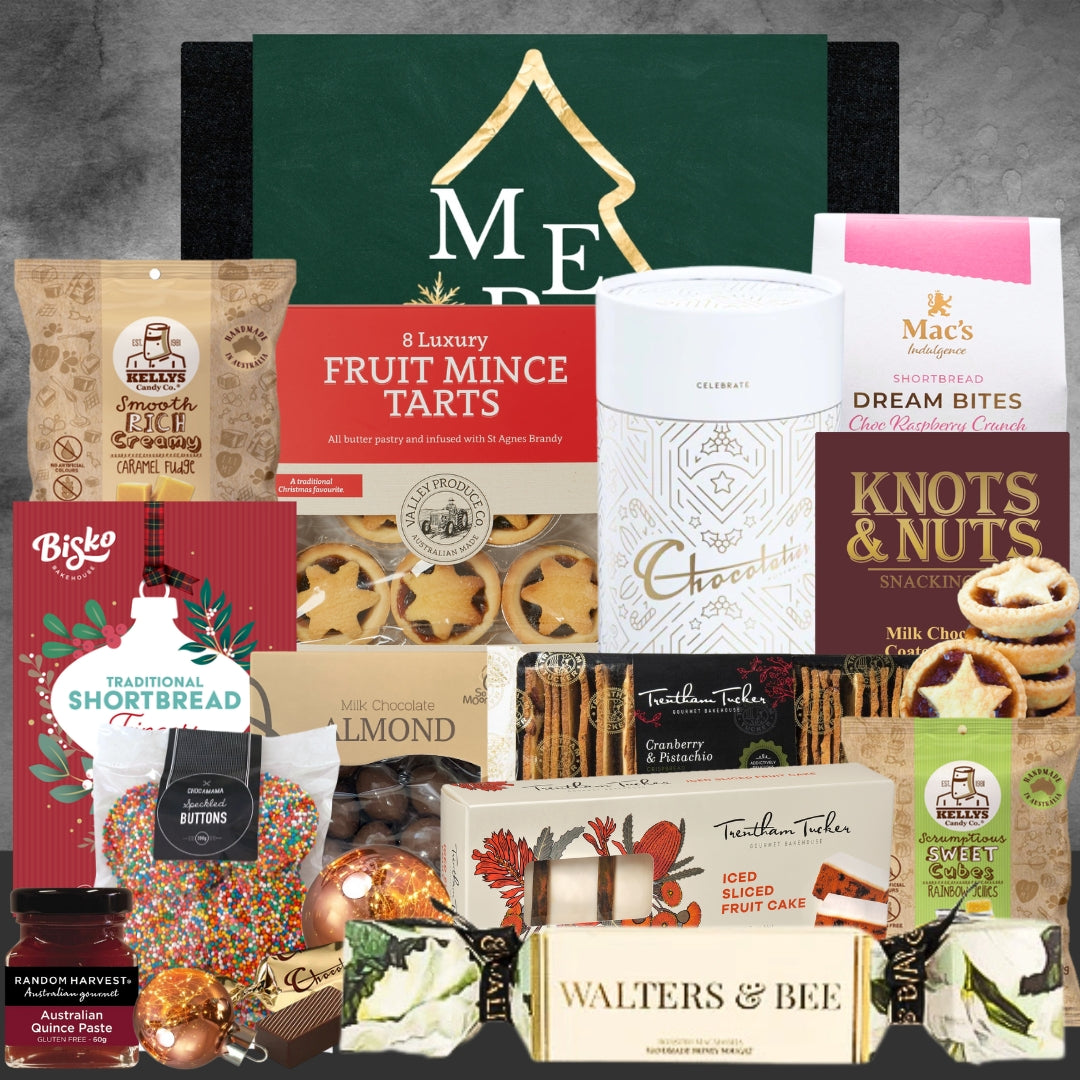 Assorted food products including tarts, shortbread, and other confectioneries on a dark background.