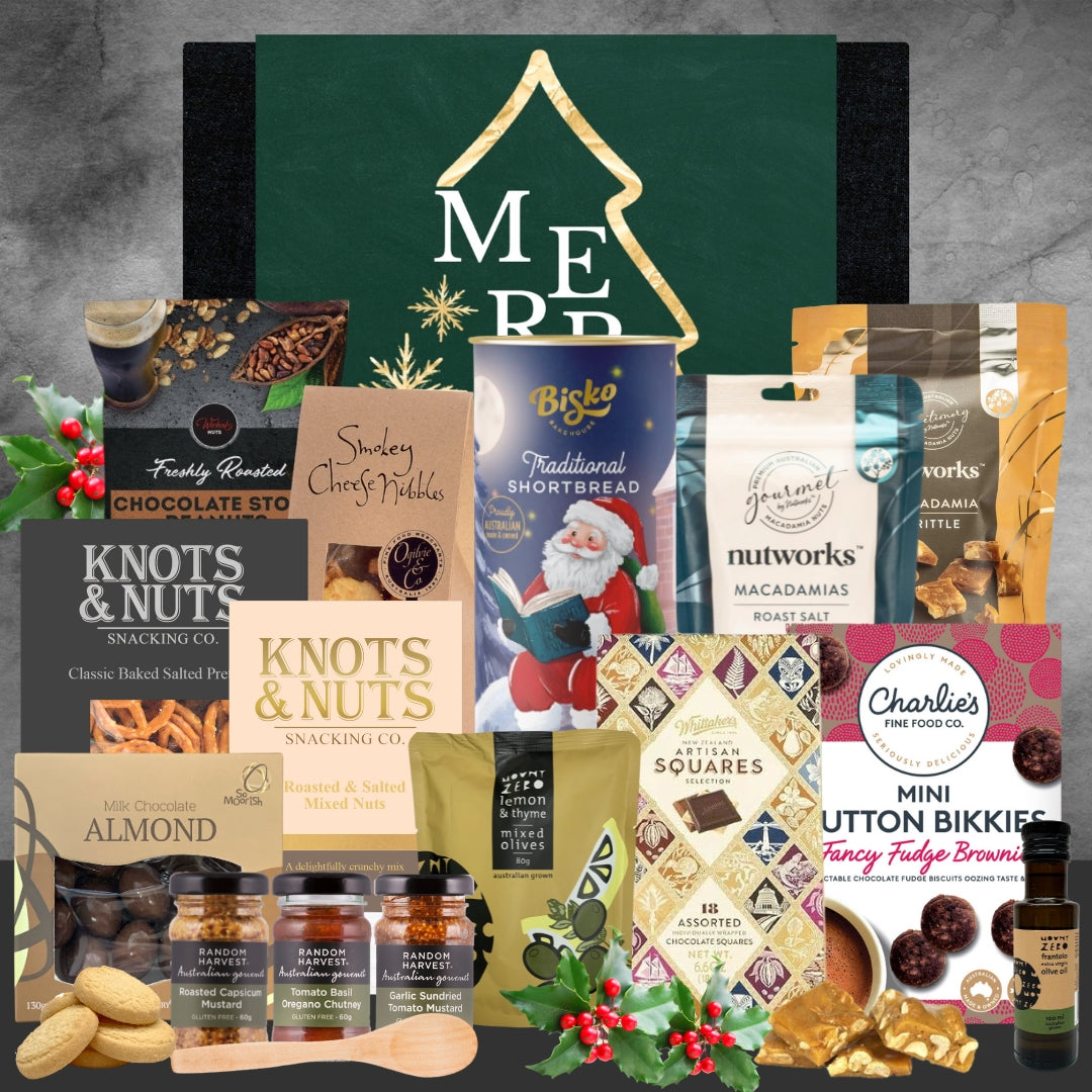 Christmas gourmet gift hamper with assorted snacks, chocolates, nuts, condiments, and festive packaging