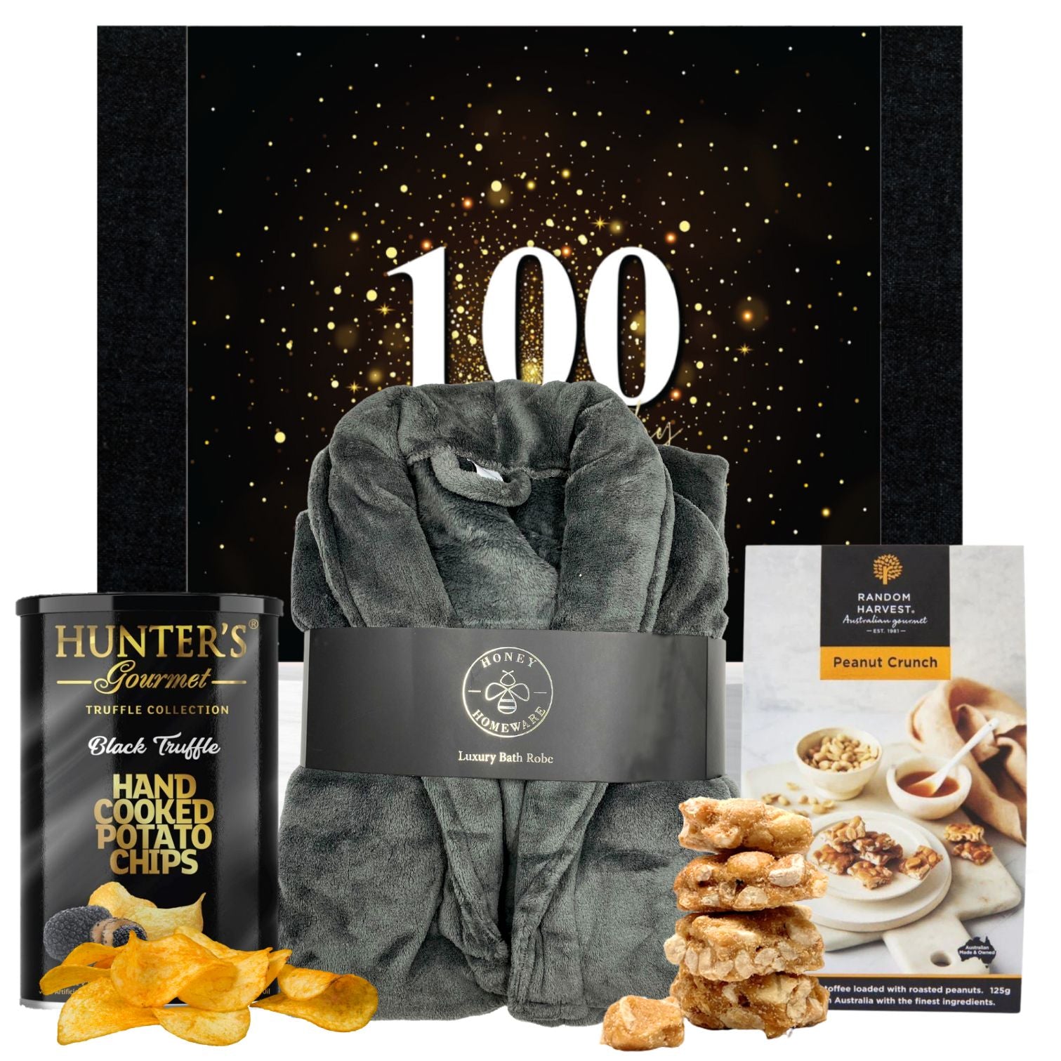 Happy 100th Plush Bathrobe & Snacks Hamper