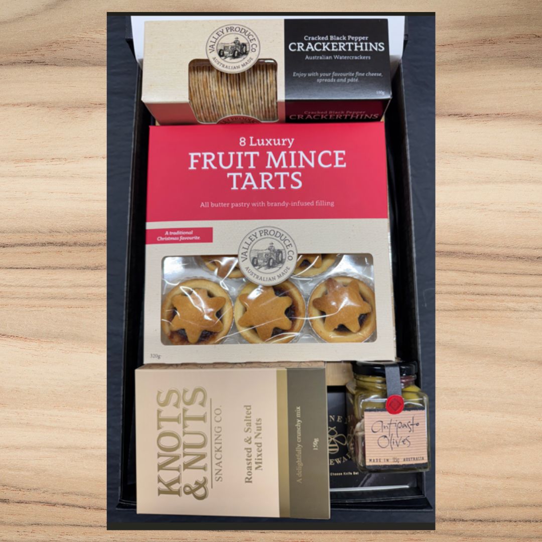 Gift box with luxury fruit mince tarts, cracked black pepper crackerthins, mixed nuts, antipasto olives