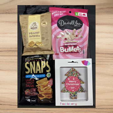 Kelly's Peanut Brittle, Darrell Lea Raspberry White Chocolate, Snaps Light & Tangy Salsa chips, Freckleberry Merry Christmas chocolate tree