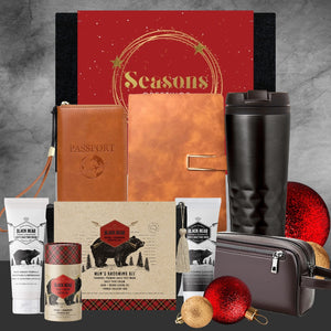 Black Bear men's grooming kit with face wash and cream, brown passport holder, planner, thermal mug, and toiletry bag