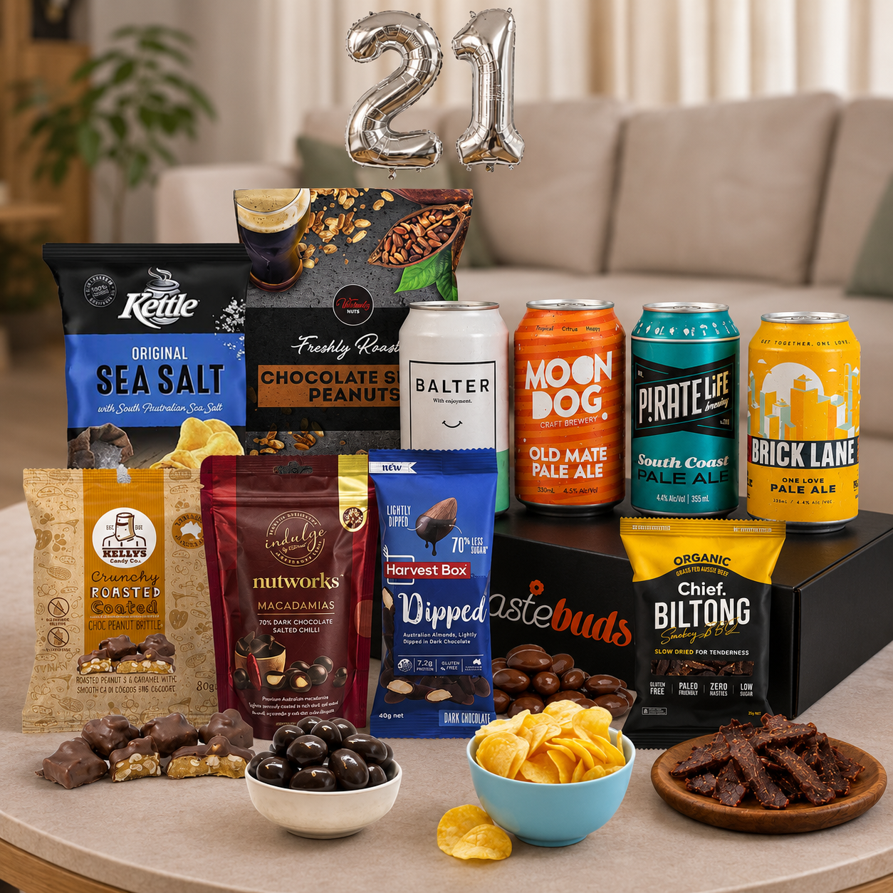 21st Birthday Craft Beer and Snack Gift Hamper with four Australian craft beers and gourmet treats