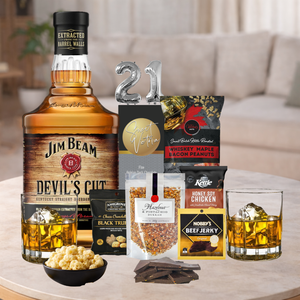 21st Birthday Gift Hamper with bourbon, snacks and dark chocolate