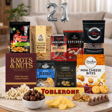 21st Birthday Snack Gift Hamper with sweet, savoury, chocolatey treats and gourmet snacks