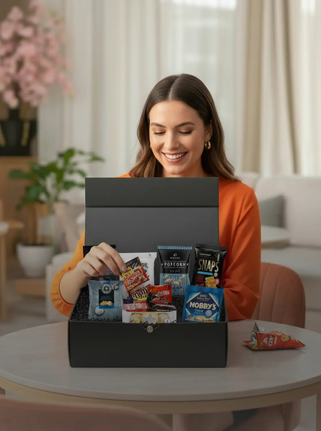 Woman opening a box of snacks in a living room setting