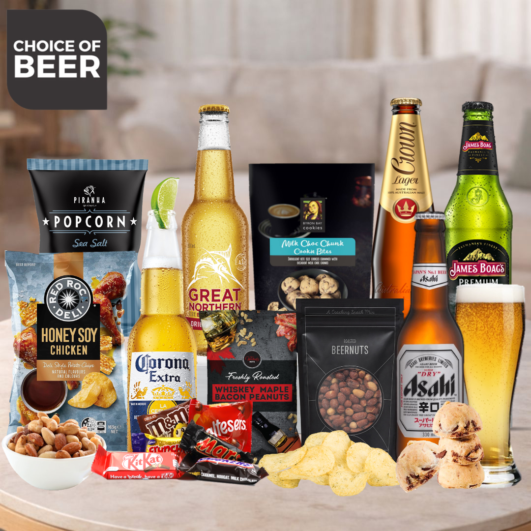 Assorted beer bottles and snacks on a table with 'Choice of Beer' text.