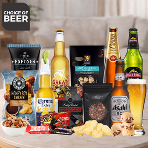 Assorted beer bottles and snacks on a table with 'Choice of Beer' text.