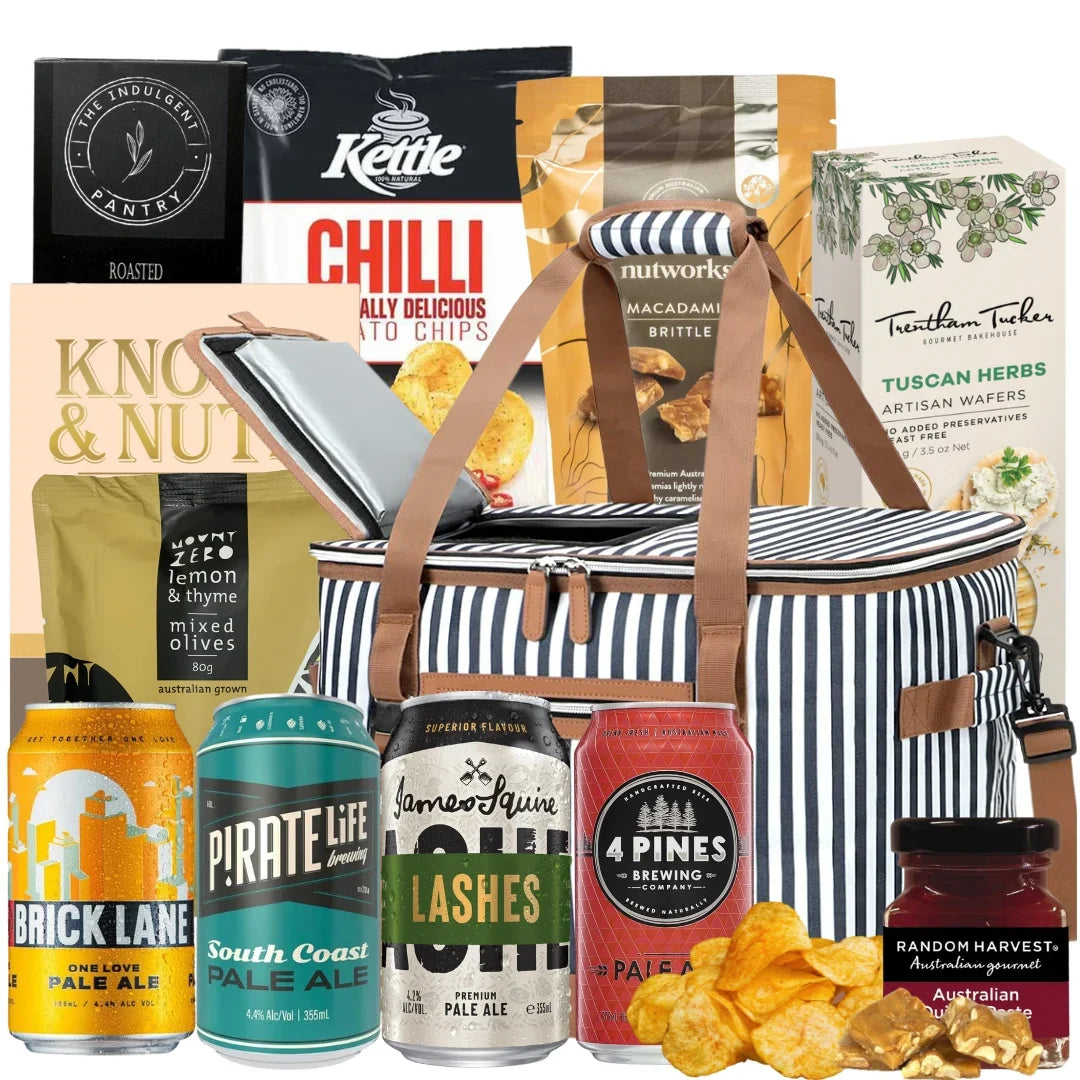 Assorted products including a striped cooler bag, drinks, snacks, and branded items on a white background.