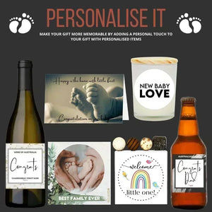 Collage of personalized gift items including wine, beer, cards, and a candle with text on a dark background.