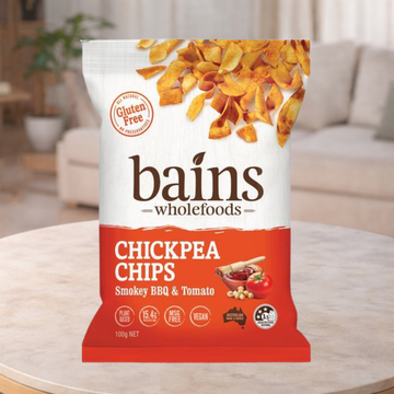 Bains Wholefoods Smokey BBQ & Tomato Chickpea Chips 100g