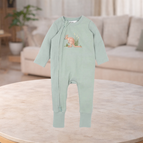 Bebe By Minihaha Charlie Kangaroo Organic L/S Zipsuit Dusty Green