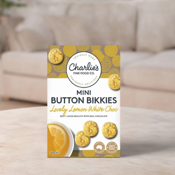 Charlie's Fine Food Co. Lovely Lemon White Choc Mini Button Bikkies 100g