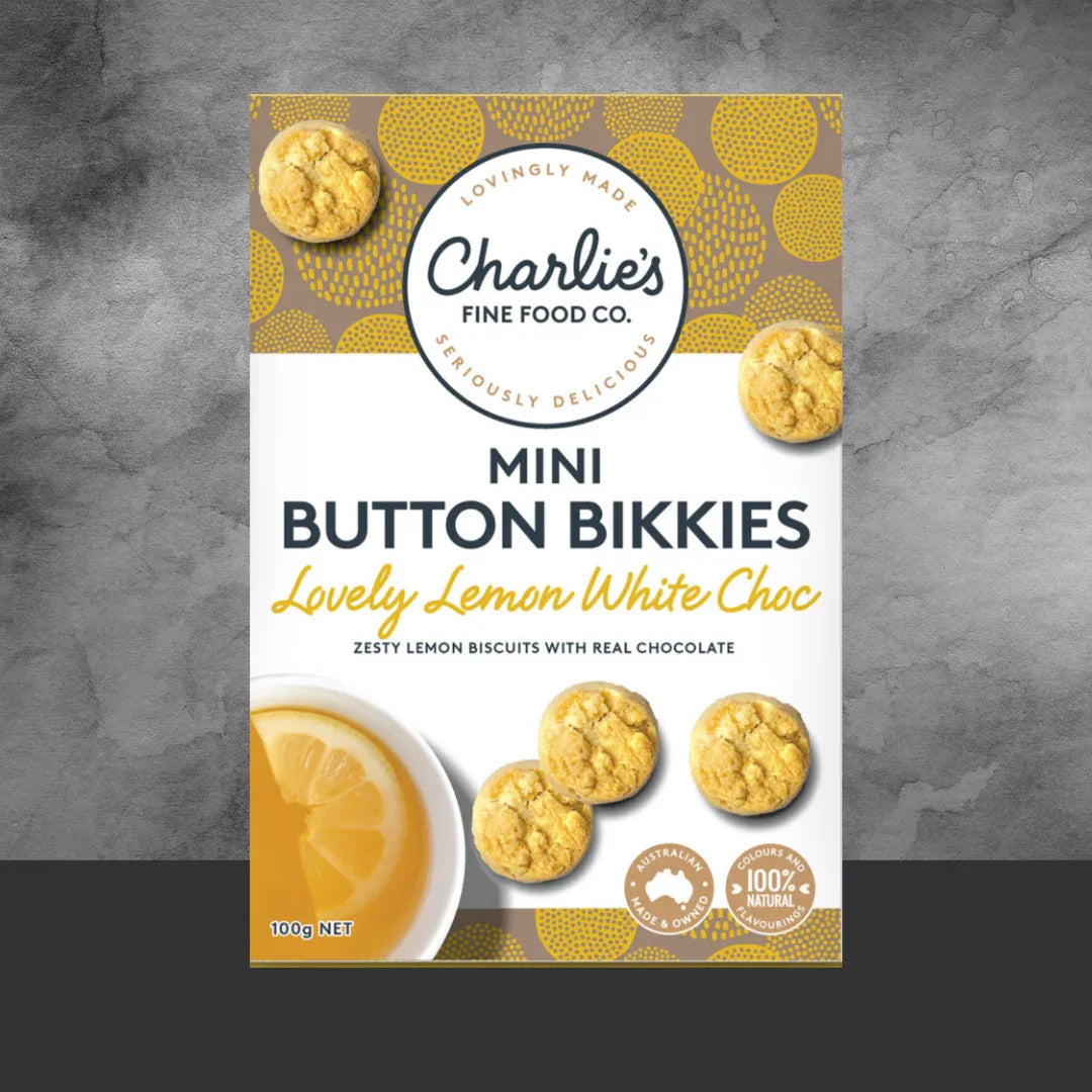 Charlie's Fine Food Co. Lovely Lemon White Choc Mini Button Bikkies 100g - Tastebuds