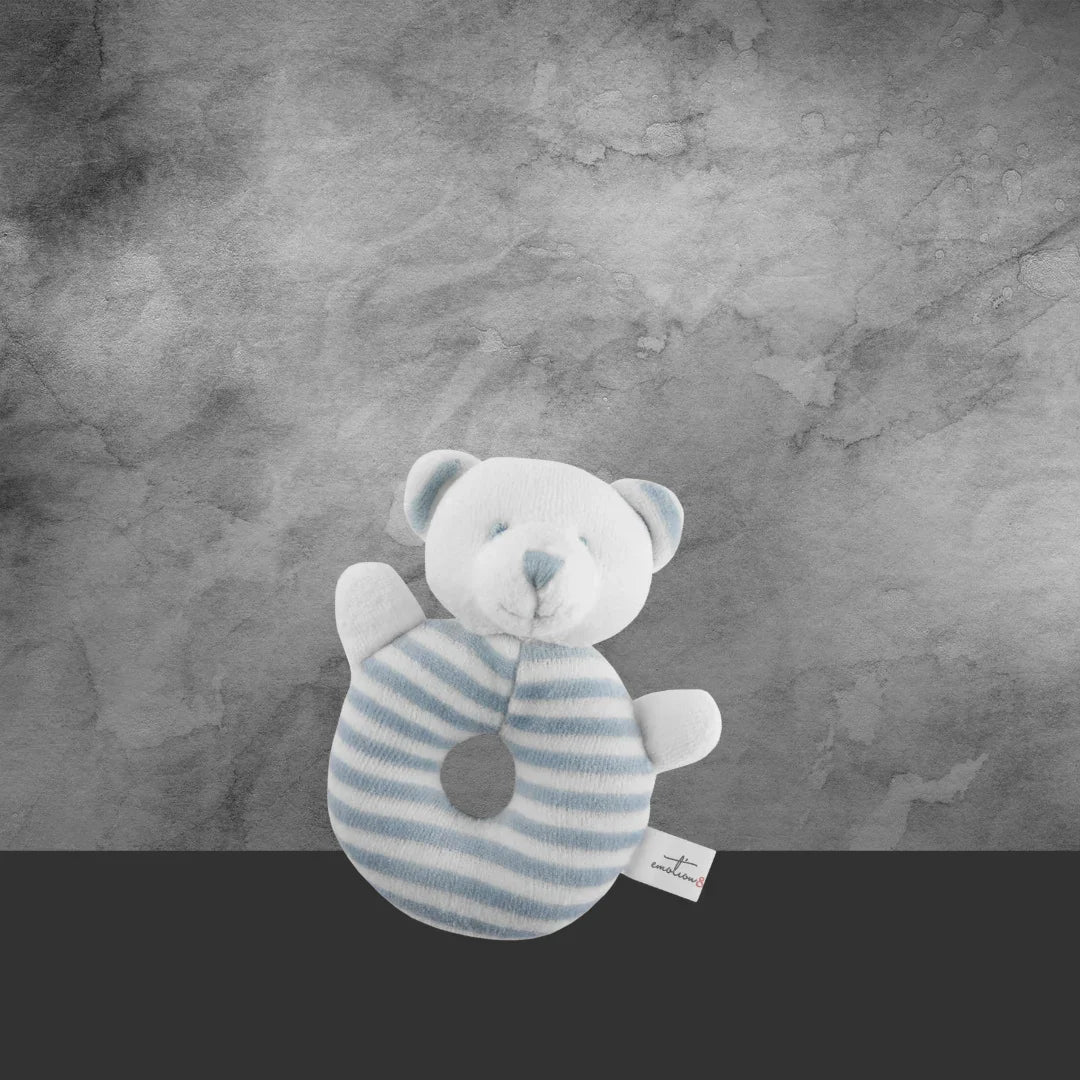 Emotion & Kids White and Blue Stripe Bear Rattle - Tastebuds