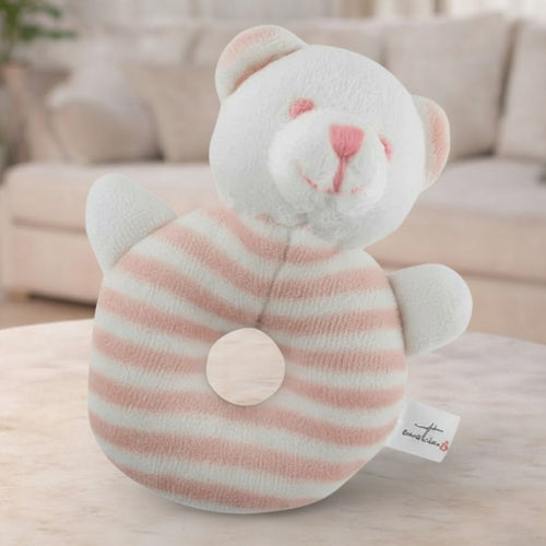Emotion & Kids White and Pink Stripe Bear Rattle