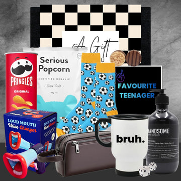 Collection of various items including Pringles can, socks with soccer design, and 'Favourite Teenager' gift bag on a gray background.