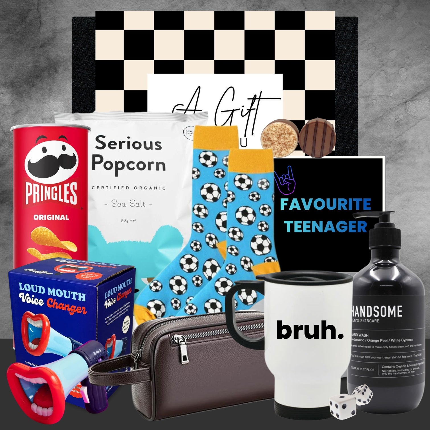 Collection of various items including Pringles can, socks with soccer design, and 'Favourite Teenager' gift bag on a gray background.