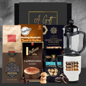 Collection of coffee-themed products including coffee bags, a French press, and a mug on a gray background.