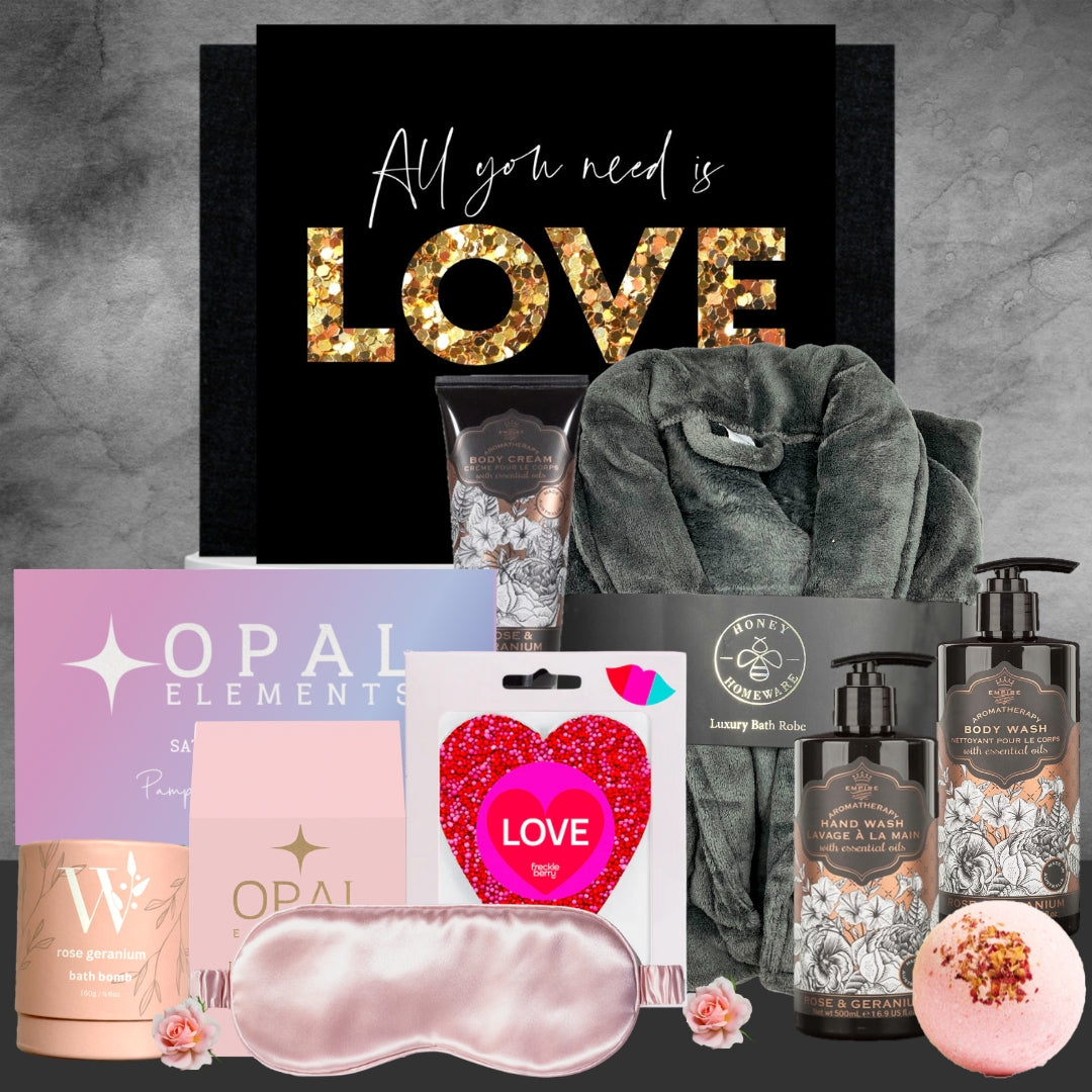 Gifting set with products and a 'All you need is LOVE' poster on a gray background