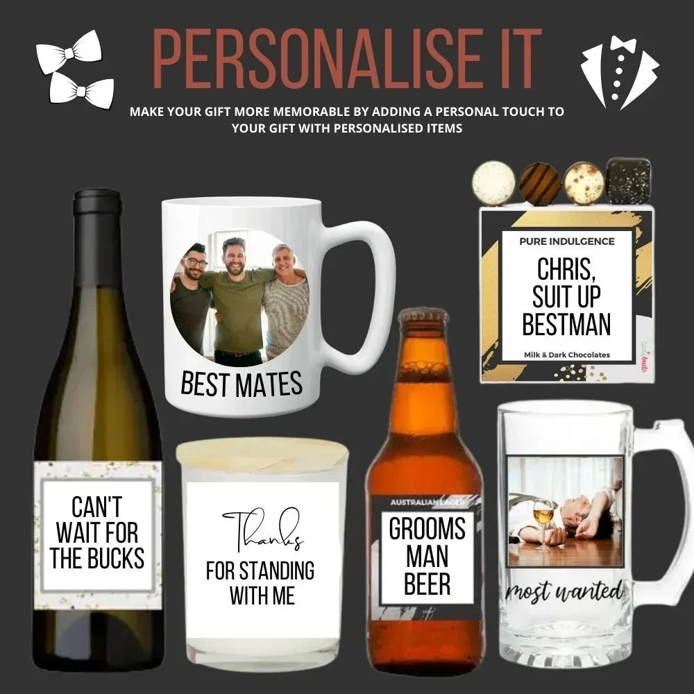 Collection of personalized gifts including a mug, bottle, and mugs with text and images on a dark background.